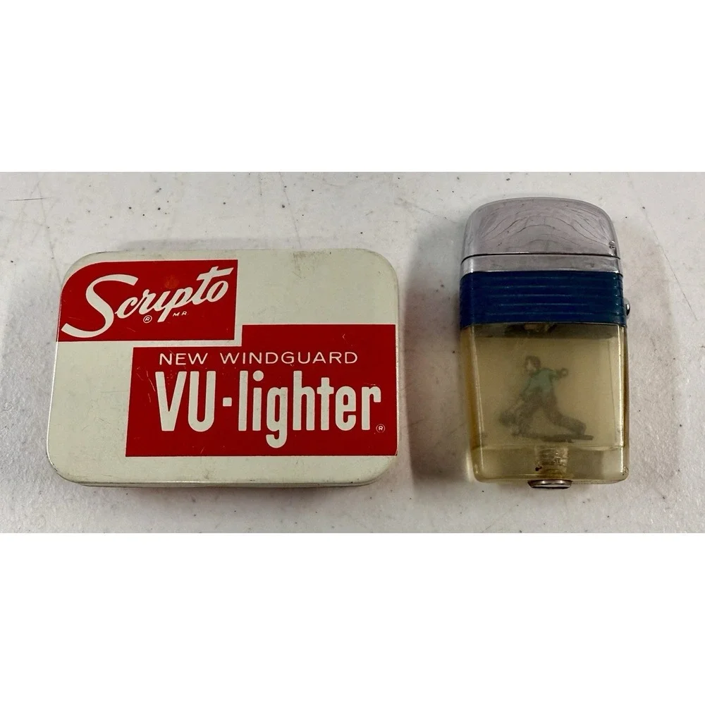 Vintage SCRIPTO VU-Lighter Bowling 1960s Blue With Tin Case Untested